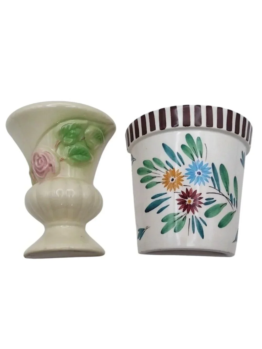 Vintage MCM Hand Painted Ceramic Floral Wall Pocket Vase Planters Set Of 2